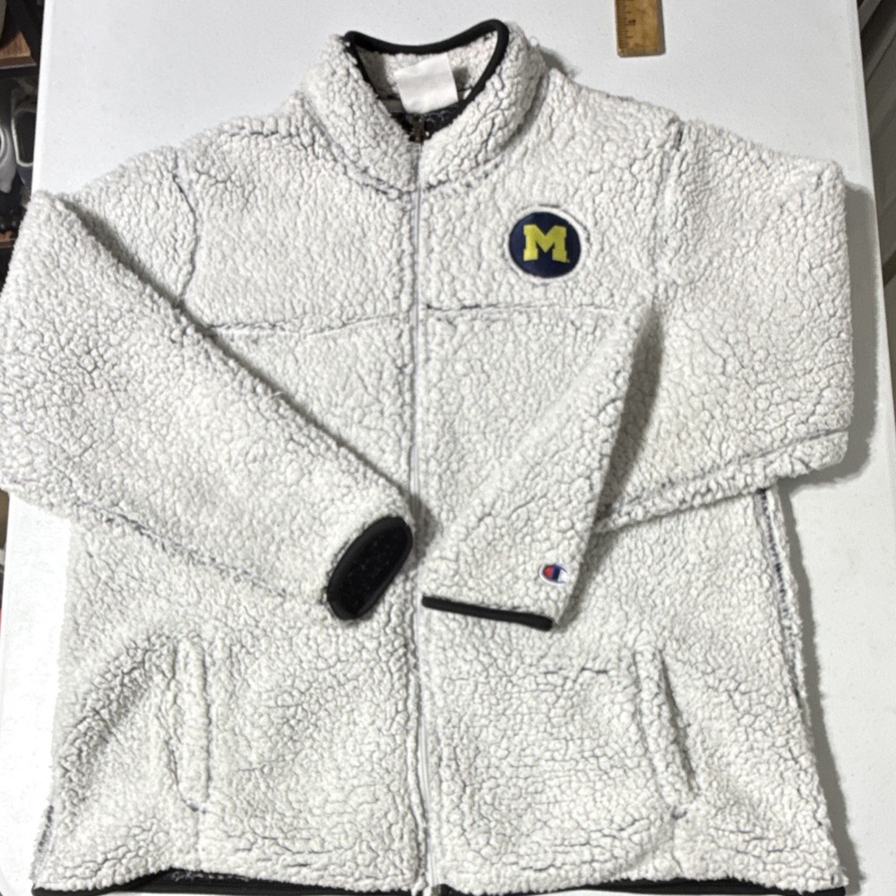 Champion Women XL Full Zip Stand Collar White Fleece Michigan M Patch Jacket